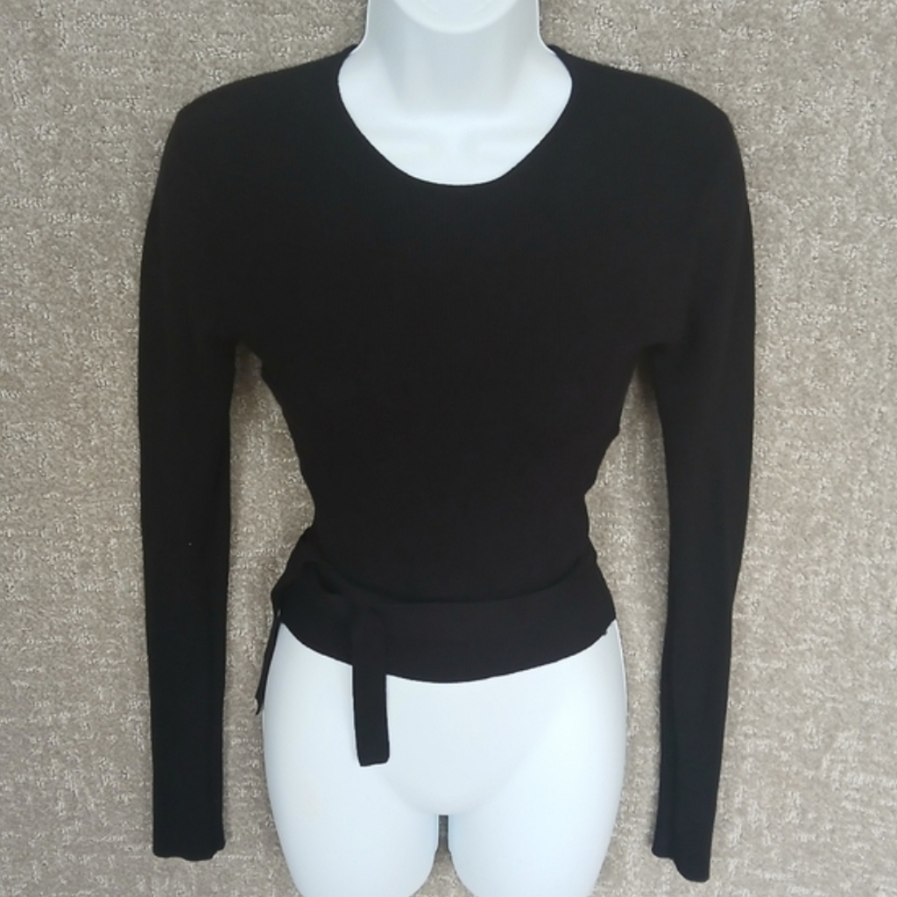 Zara Cropped Sweater Back Cut Out Knit Crop Top Attached Belt Black Medium